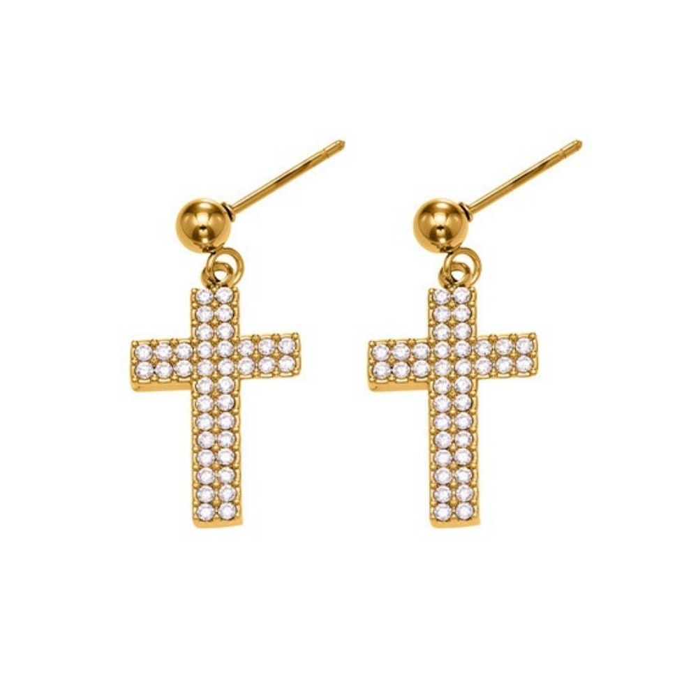 Eleanor Gold Tone Cross Zircon Drop Earrings