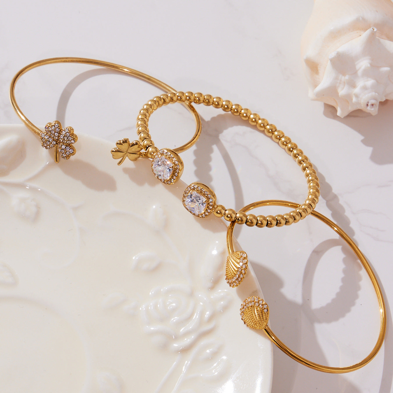 Natalia Gold Tone Shell Zircon Cuff Bracelet