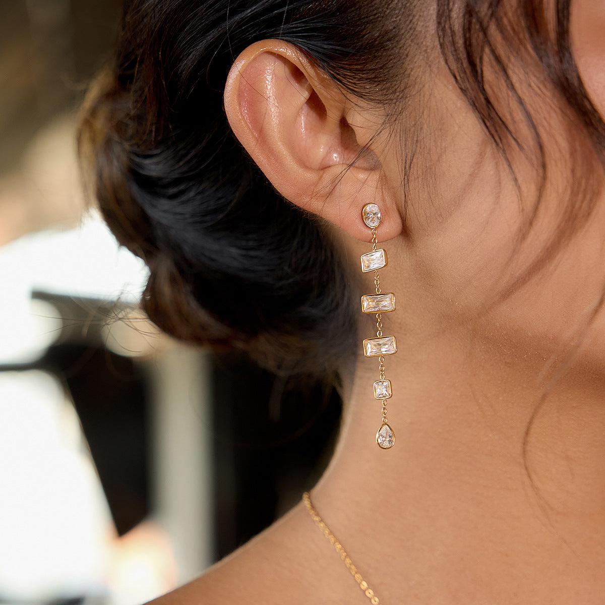 Lia Gold Tone Rectangular Zircons Drop Earrings