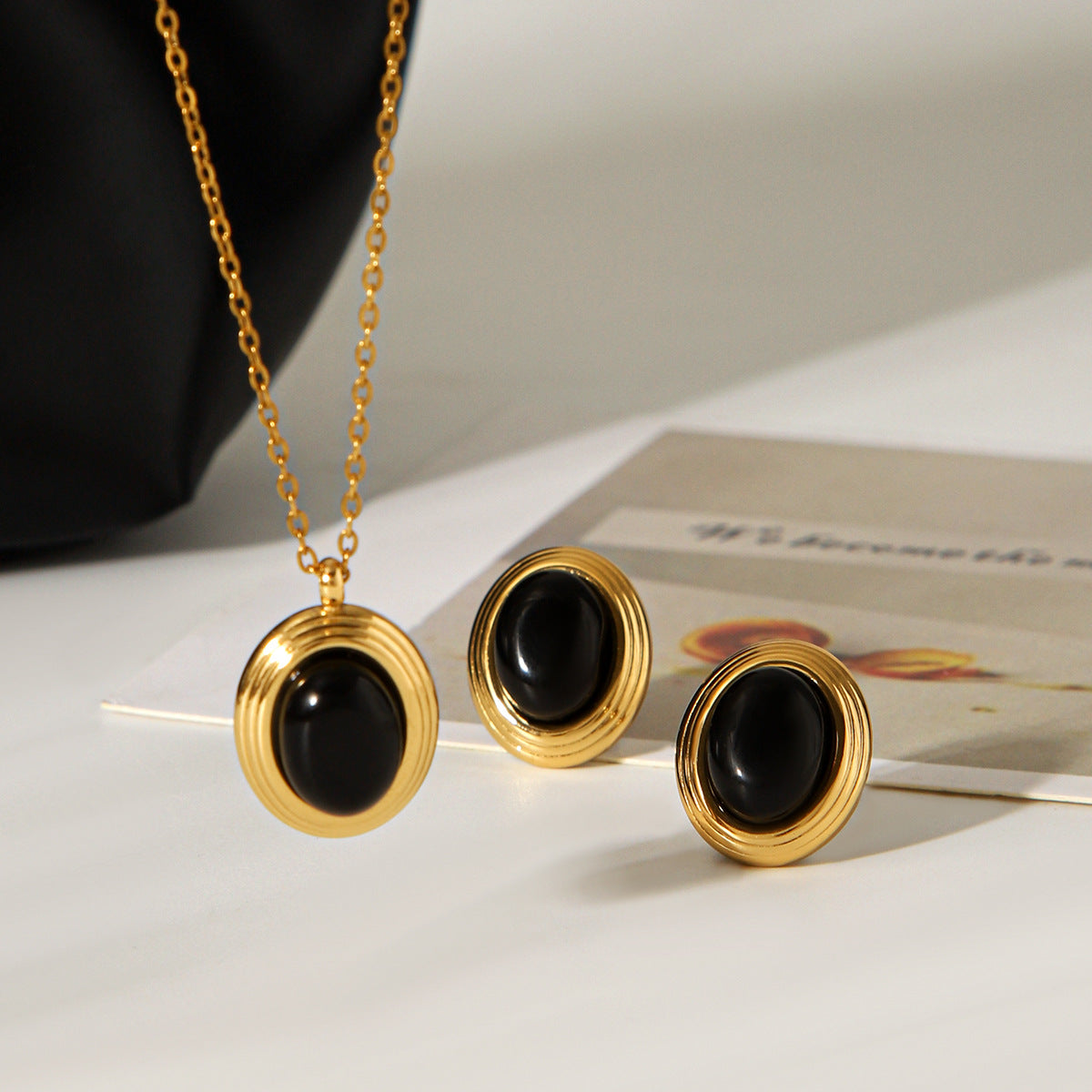 Lillian Gold Tone Black Stone Necklace