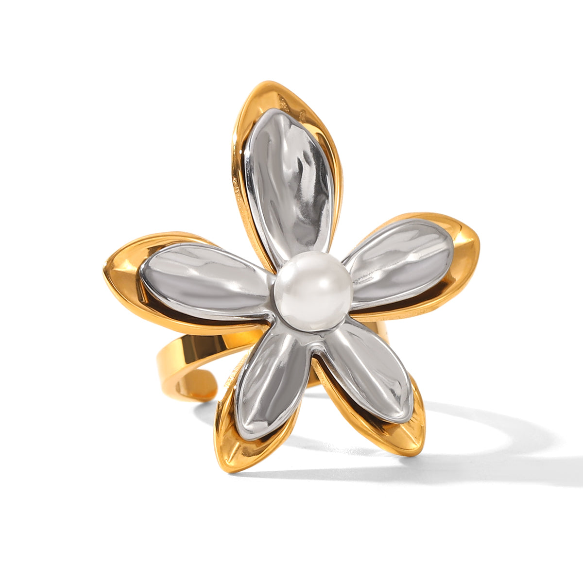 Elena Two Tone Flower with Pearl Statement Ring