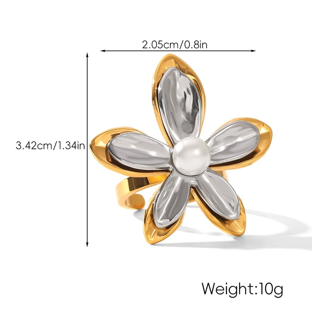 Elena Two Tone Flower with Pearl Statement Ring