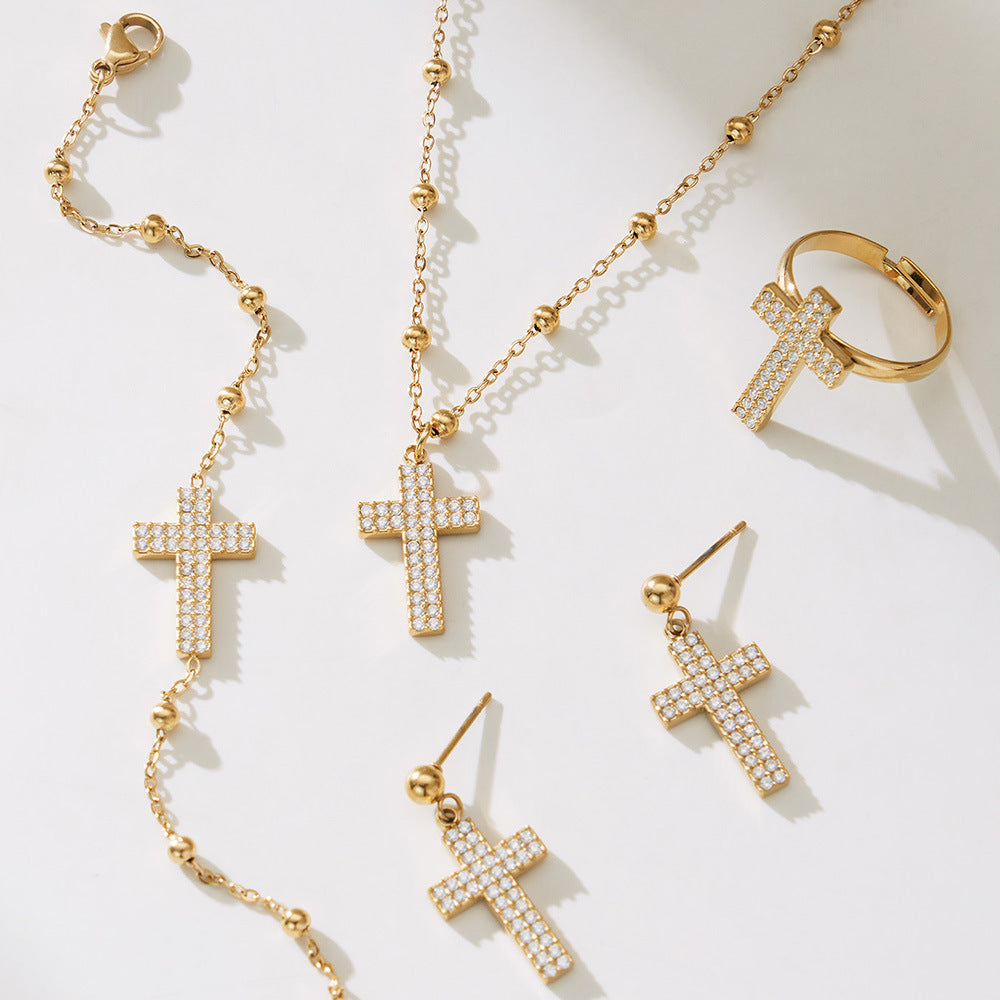 Eleanor Gold Tone Cross Zircon Drop Earrings