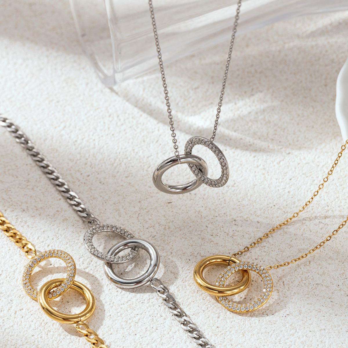 Kylie Silver Tone Dual Ring Zircon Necklace