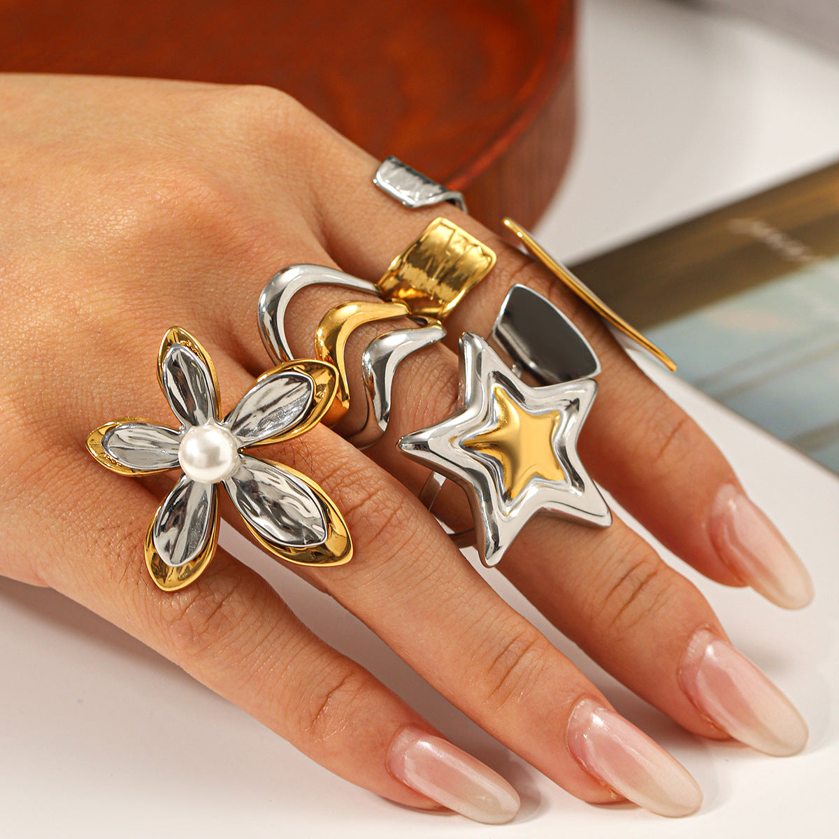 Elena Two Tone Flower with Pearl Statement Ring