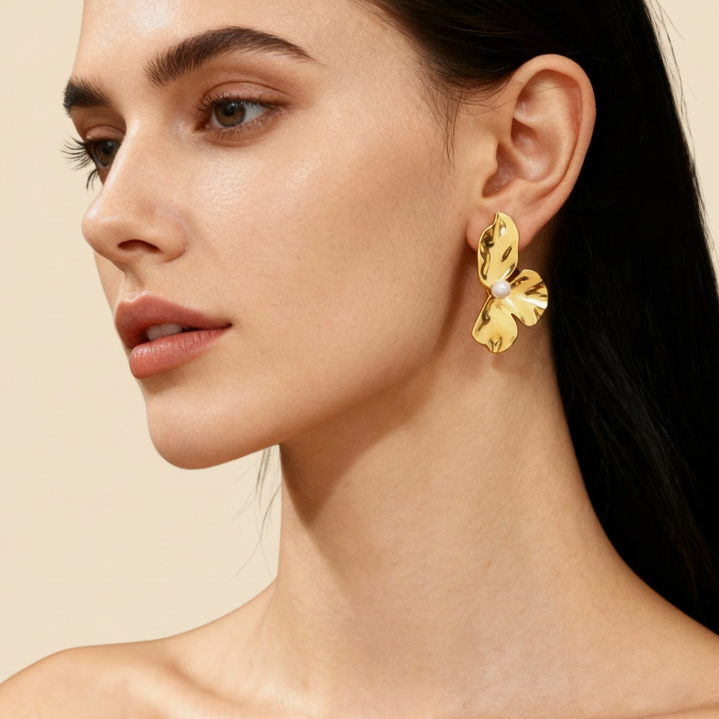 Iris Gold Tone Flower Pearl Earrings