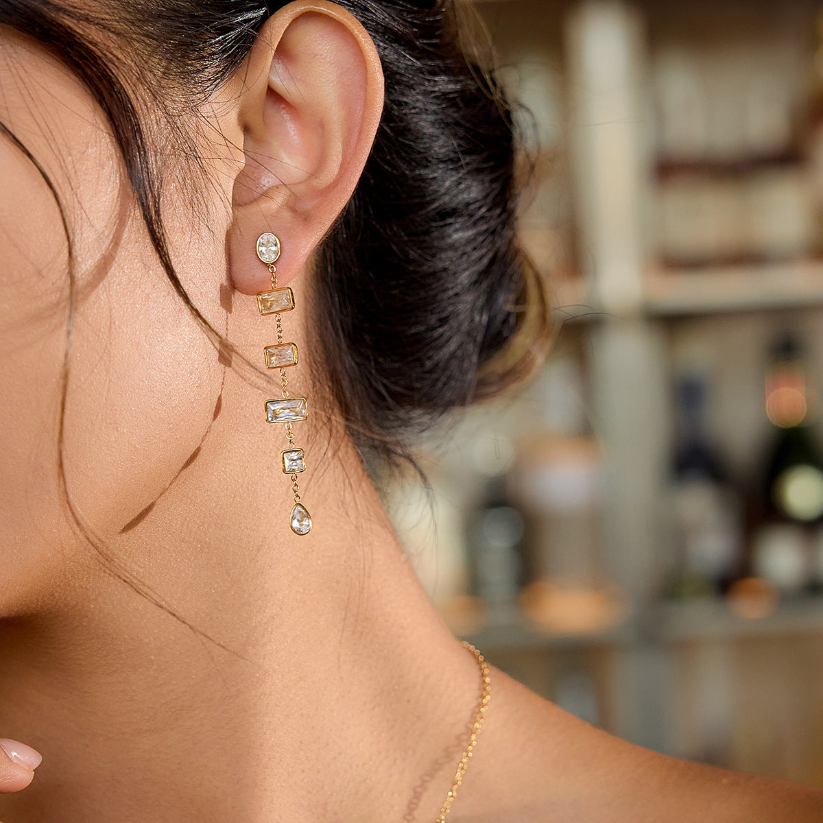 Lia Gold Tone Rectangular Zircons Drop Earrings