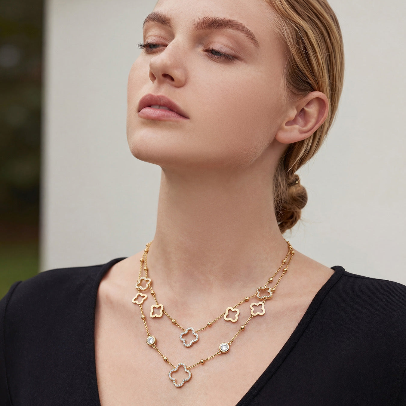Emma Gold Tone Clover Zircon Necklace