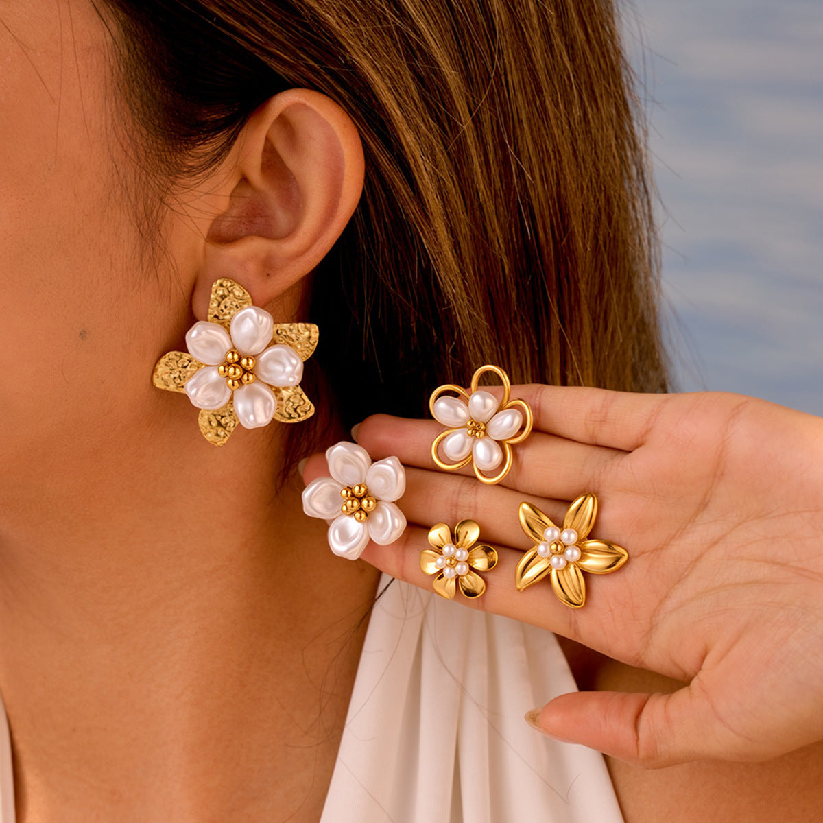 Madeline Gold Tone Pearls Flower Earrings