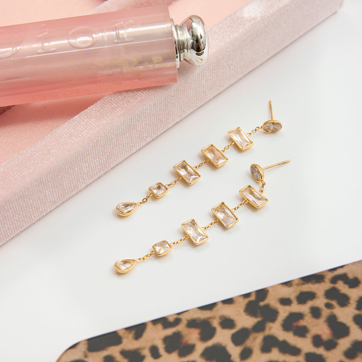 Lia Gold Tone Rectangular Zircons Drop Earrings