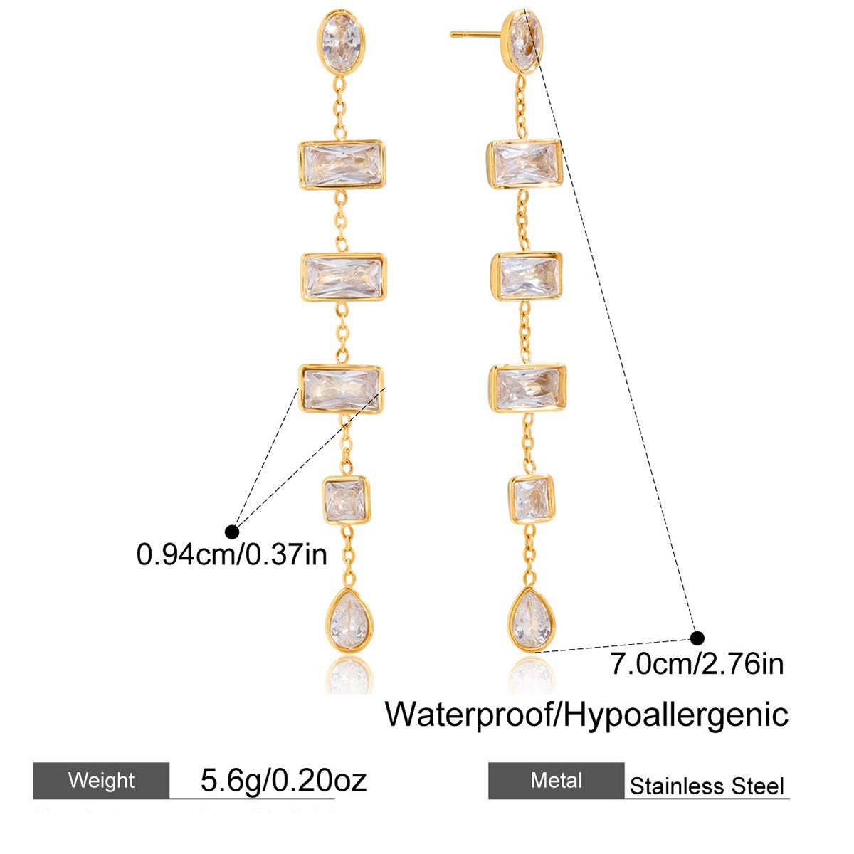 Lia Gold Tone Rectangular Zircons Drop Earrings