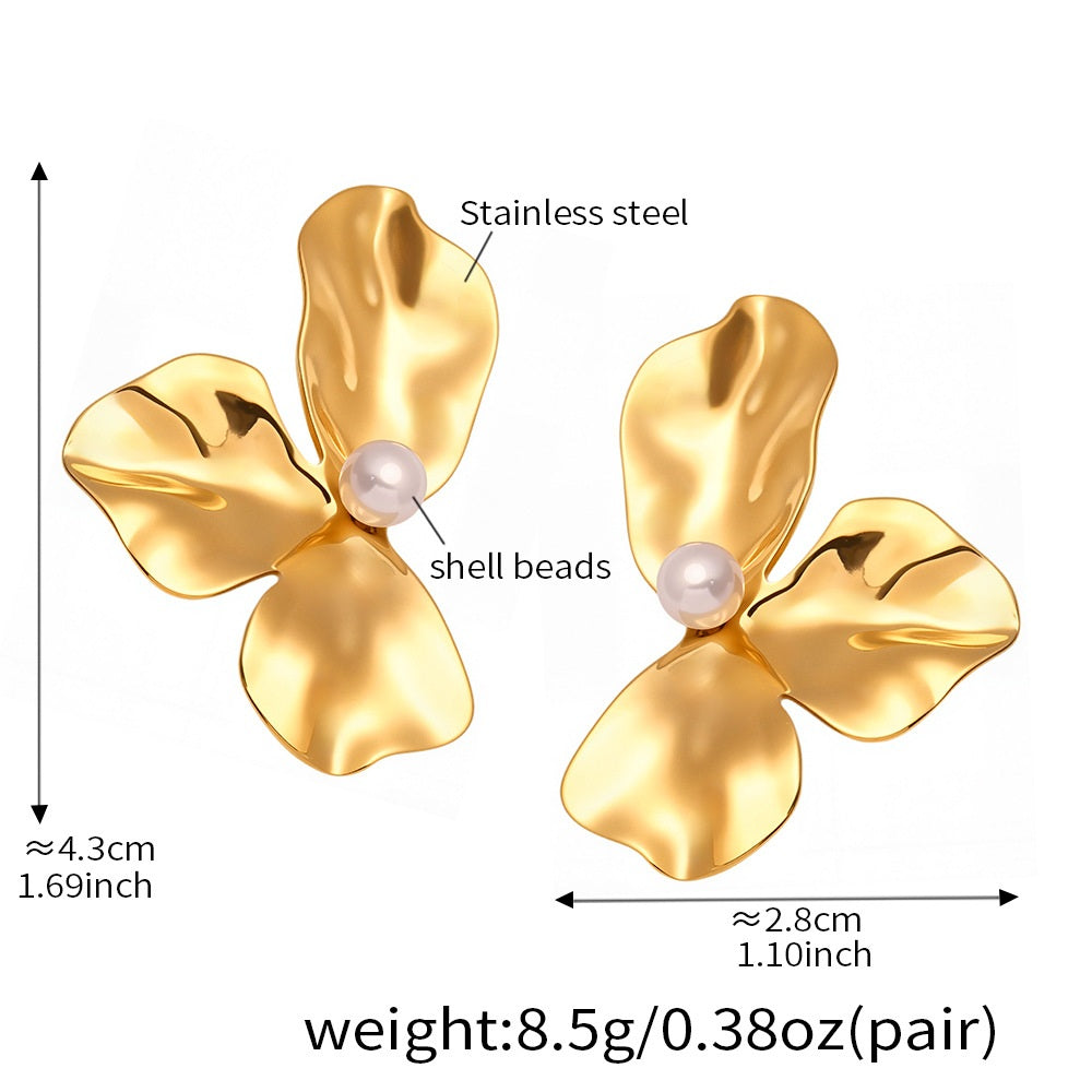 Iris Gold Tone Flower Pearl Earrings