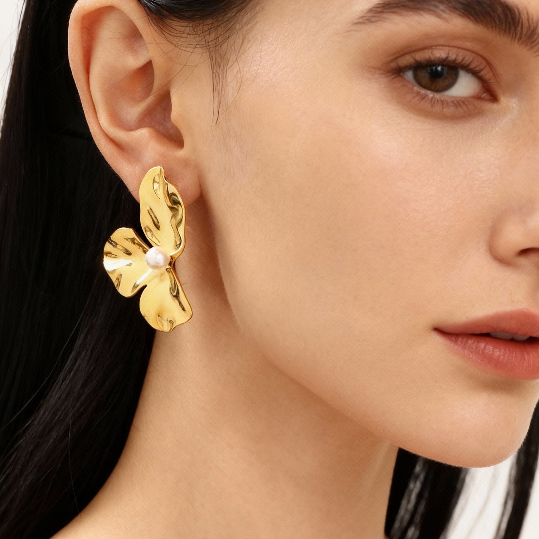 Iris Gold Tone Flower Pearl Earrings