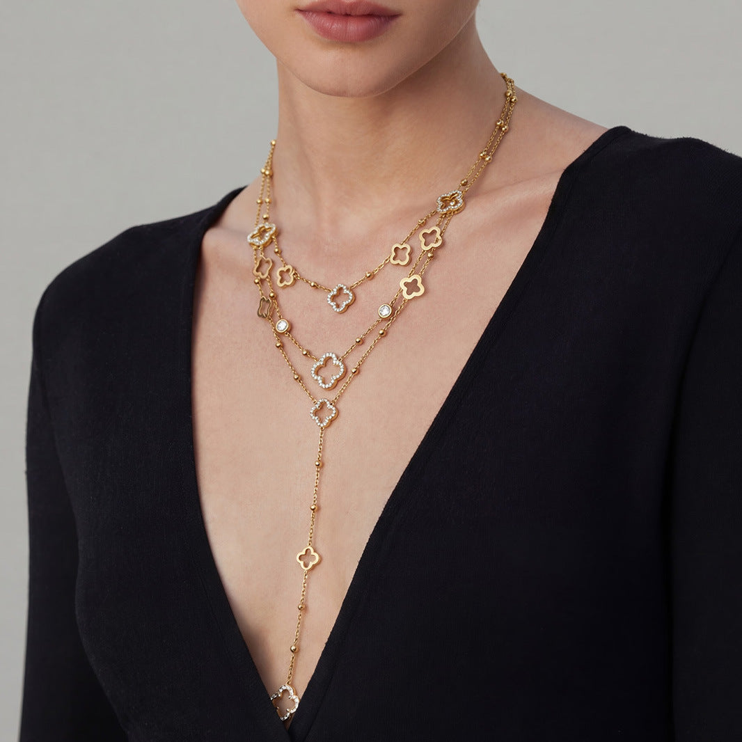Emma Gold Tone Clover Zircon Drop Necklace